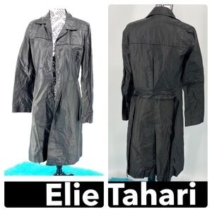 Elie Tahari black rain belted trench coat polyurethane snap closure long sleeve